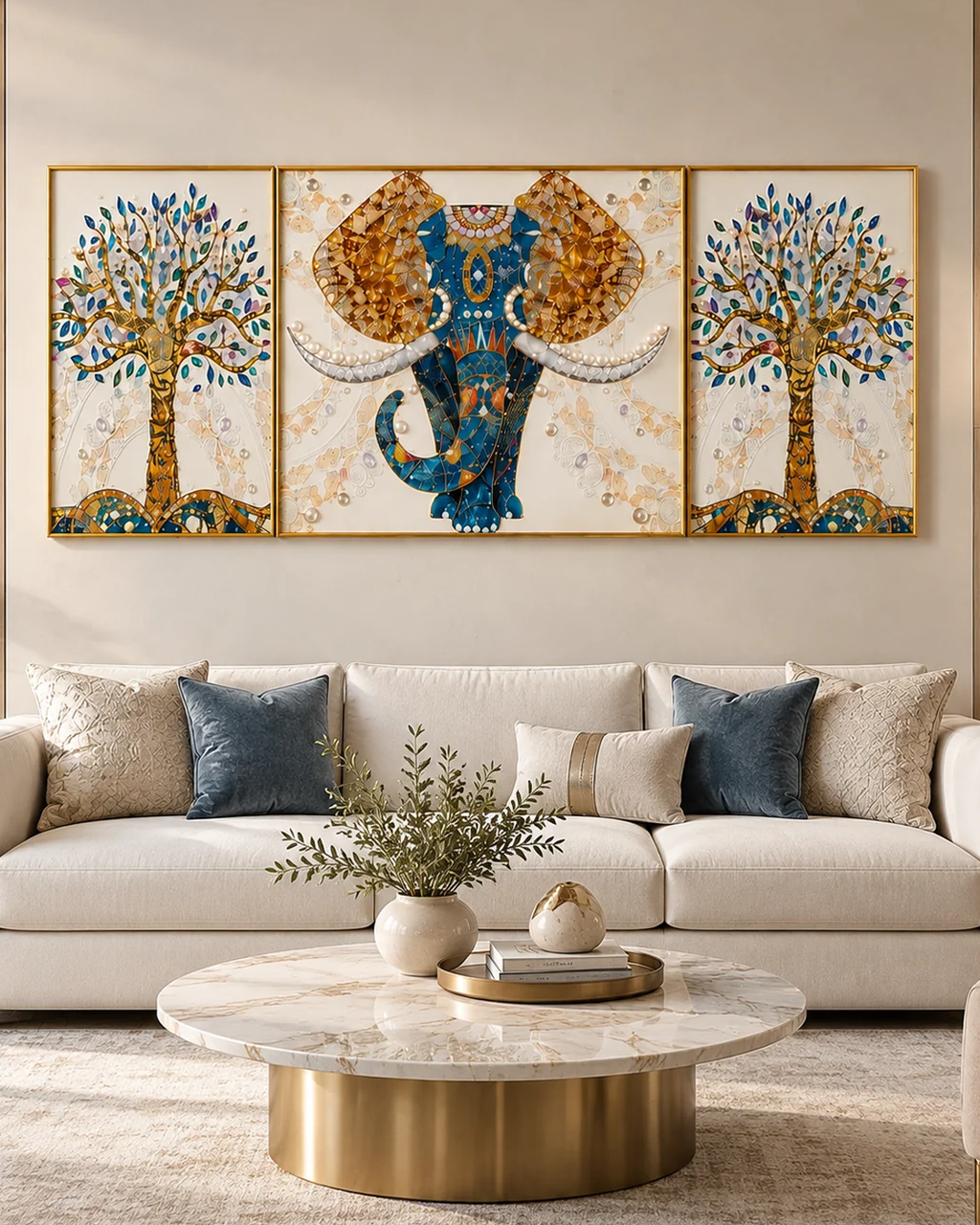 The Udaipur Elephant Framed Crystal Glass Wall Paintings For Home - Set of 3 (Pearl Work)