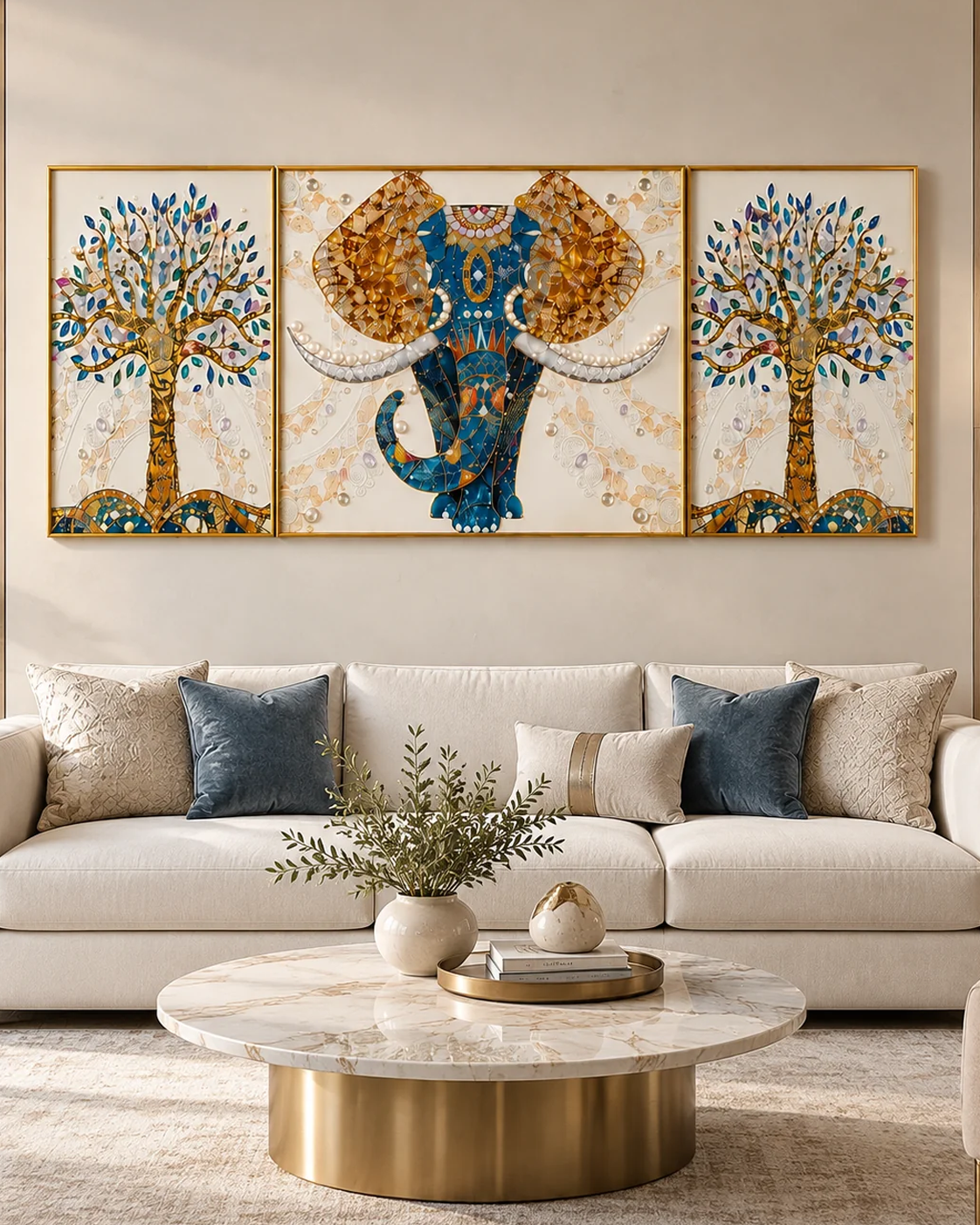 The Udaipur Elephant Framed Crystal Glass Wall Paintings For Home - Set of 3 (Pearl Work)