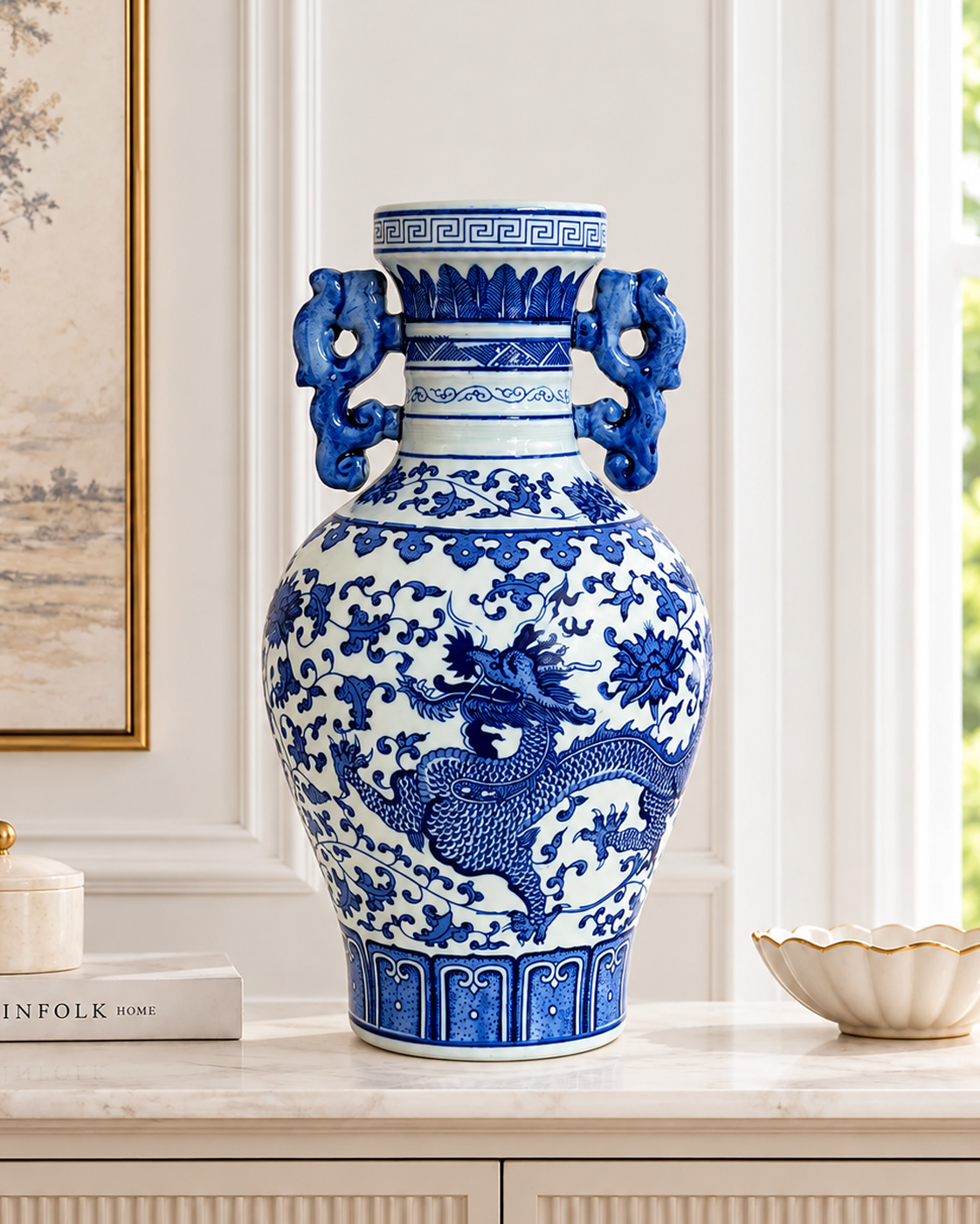 Dragon Crest Decorative Vase & Showpiece (Blue Pottery)