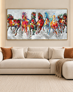 Seven Running Horses 100% Hand Painted Wall Painting (With Golden Outer Floater Frame frame) (27.5x55 Inches) - Medium
