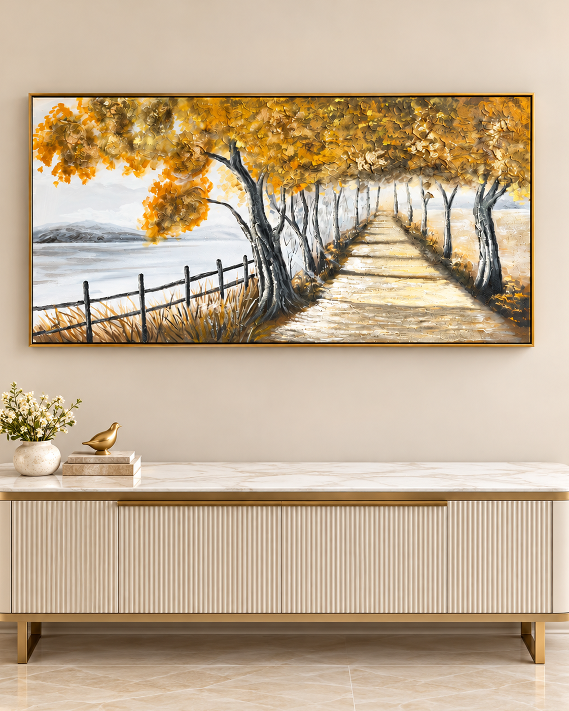 Endless Journey 100% Handmade Nature Painting For Home (With Golden Outer Floater Frame ) (27.5x55 Inches)