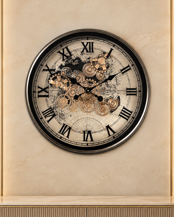 Phantom Dial Luxury Designer Wall Clock For Living Room With Moving Gear Mechanism Buy Wall Clock Online - Big (Black) (Steel Body)