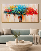 Colourful Graphic Tree Hand Wall Painting For Home (Comes With an Outer Floater Frame) (56 x 28 Inches)