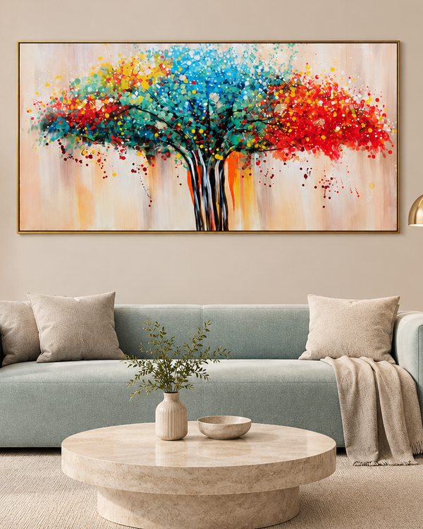 Colourful Graphic Tree Hand Wall Painting For Home (Comes With an Outer Floater Frame) (56 x 28 Inches)