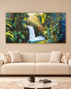 Rainforest Waterfall 100% Hand Painted Wall Painting (With Golden Outer Floater Frame frame) - Big (32.5x63 Inches)