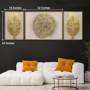 Golden Leaf & Sunburst Crystal Glass Wall Paintings For Home - Set of 3