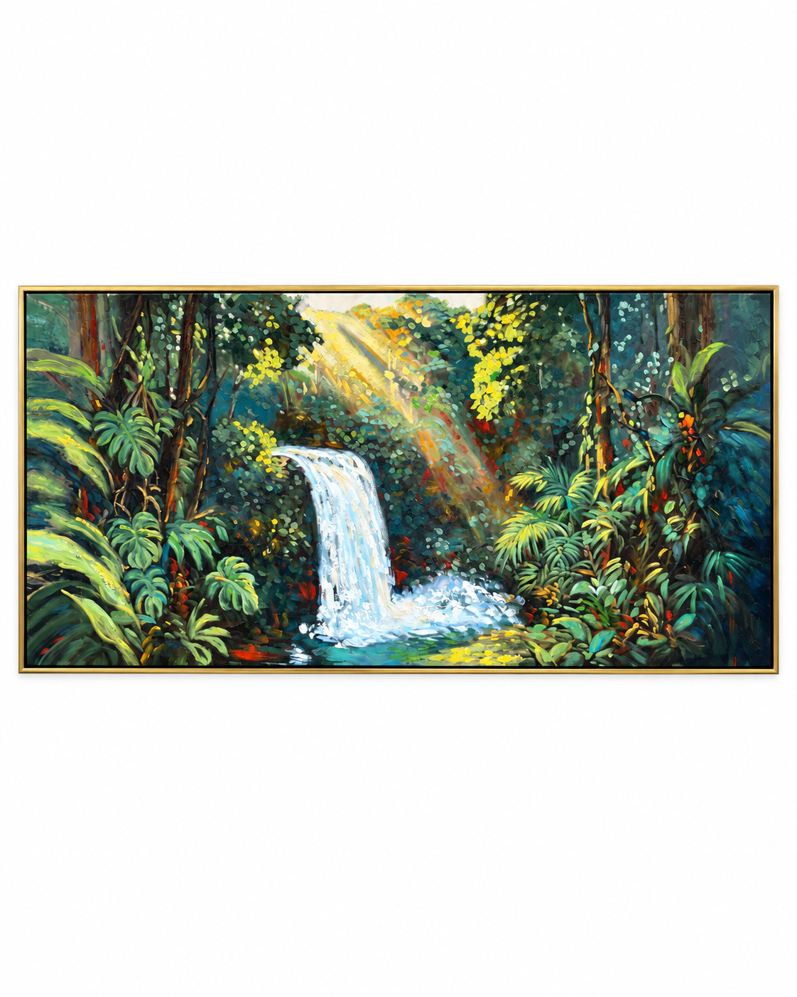 Rainforest Waterfall 100% Hand Painted Wall Painting (With Golden Outer Floater Frame frame) (27.5x55 Inches)
