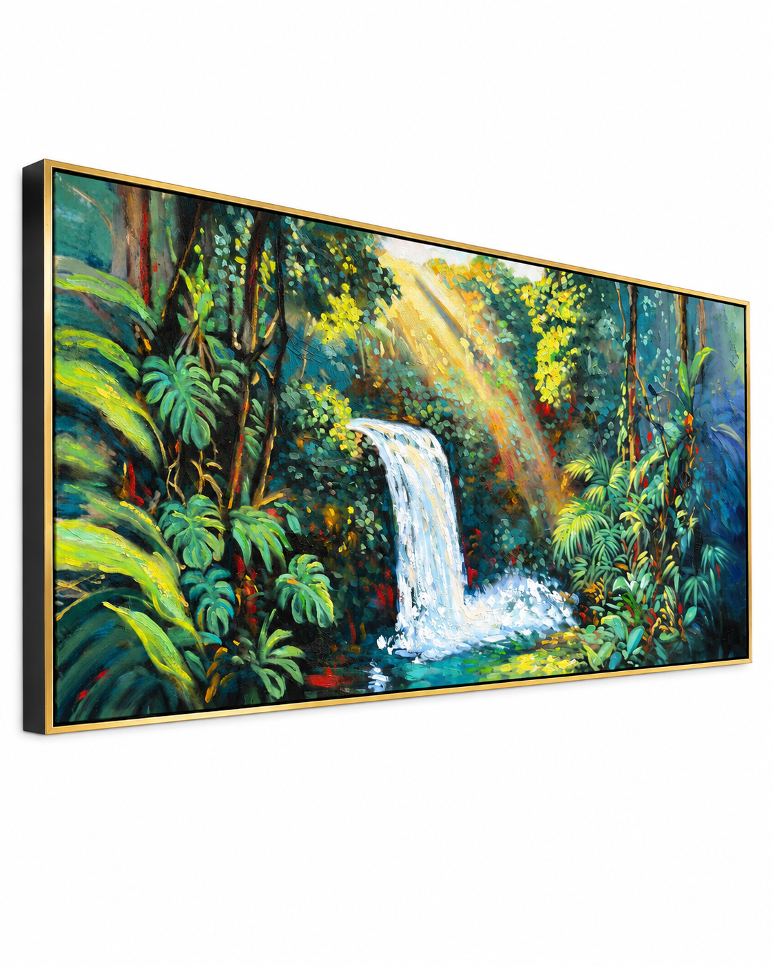 Rainforest Waterfall 100% Hand Painted Wall Painting (With Golden Outer Floater Frame frame) (27.5x55 Inches)