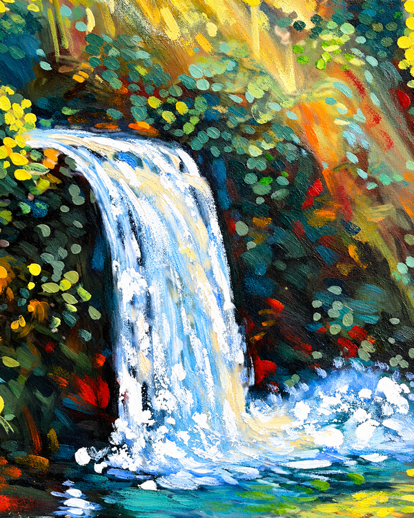 Rainforest Waterfall 100% Hand Painted Wall Painting (With Golden Outer Floater Frame frame) (27.5x55 Inches)