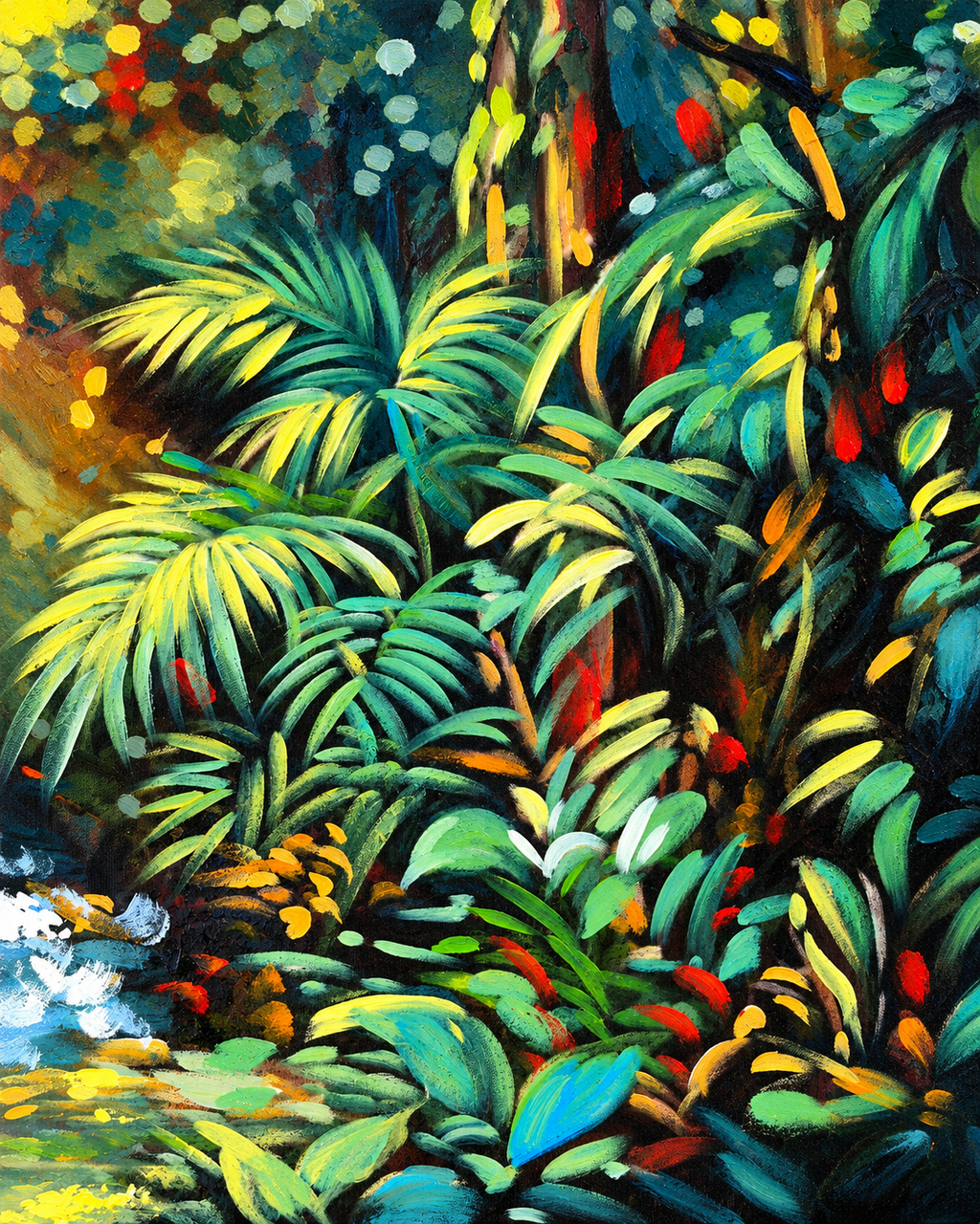 Rainforest Waterfall 100% Hand Painted Wall Painting (With Golden Outer Floater Frame frame) (27.5x55 Inches)