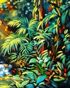 Rainforest Waterfall 100% Hand Painted Wall Painting (With Golden Outer Floater Frame frame) (27.5x55 Inches)
