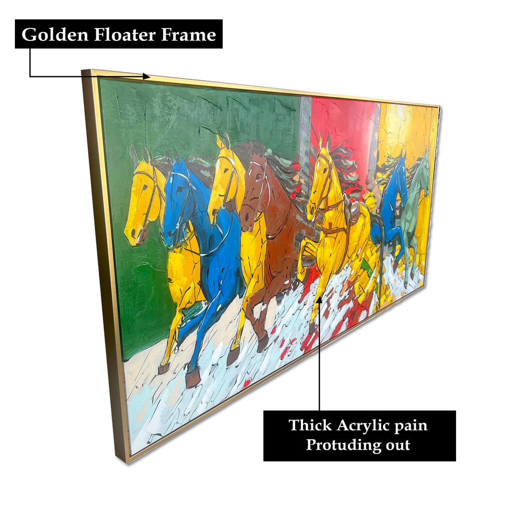 Seven Horses of Fiery Freedom Hand Painted Wall Paintings For Home (With Outer Floater Frame)  (55 x 28 Inches)