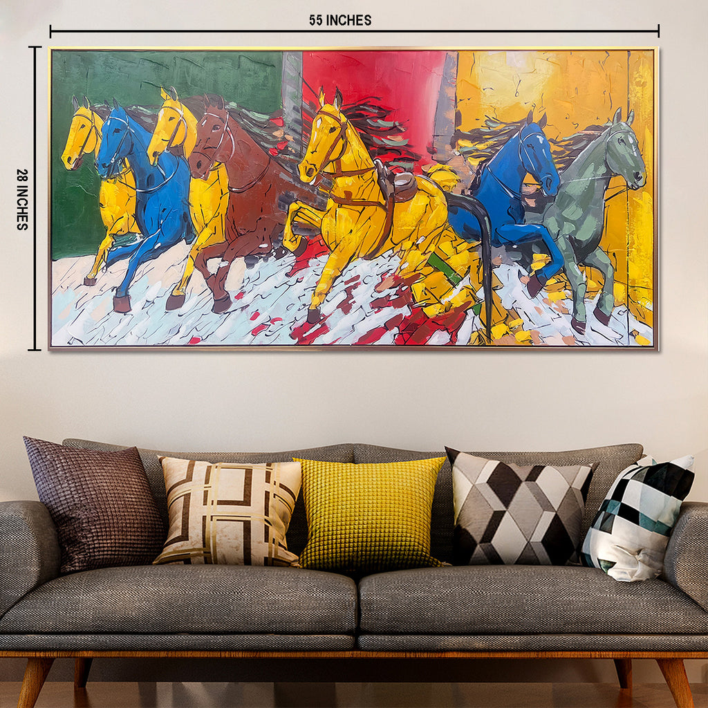 Seven Horses of Fiery Freedom Hand Painted Wall Paintings For Home (With Outer Floater Frame)  (55 x 28 Inches)