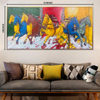 Seven Horses of Fiery Freedom Hand Painted Wall Paintings For Home (With Outer Floater Frame)  (55 x 28 Inches)