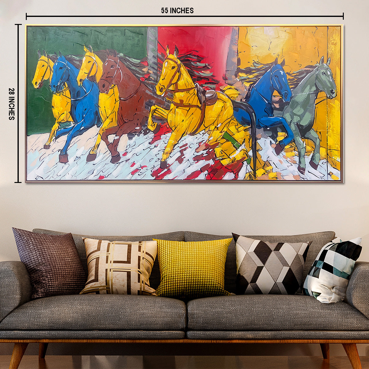 Seven Horses of Fiery Freedom Hand Painted Wall Paintings For Home (With Outer Floater Frame)  (55 x 28 Inches)