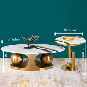 Amara Gold Base Round Accent Table With Side Table - Set of 2 (BIG) (PANDA MARBLE) (STAINLESS STEEL)