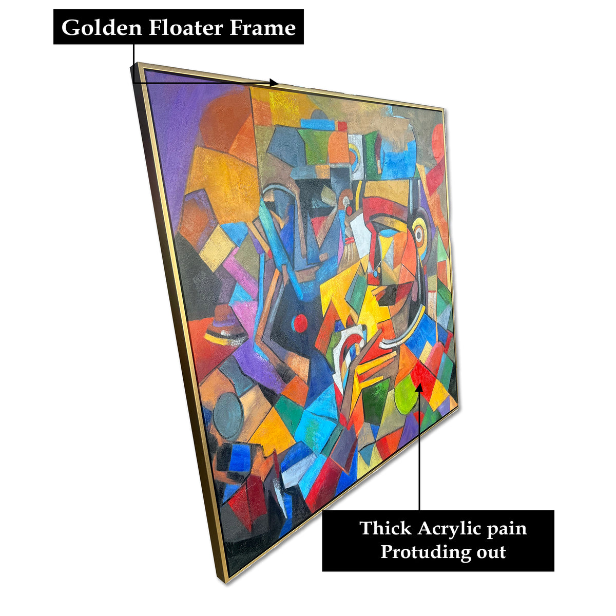 Geometric Faces Unraveled Decorative Hand painting for Home Decor (With outer Floater Frame) (40 x 40 Inches)