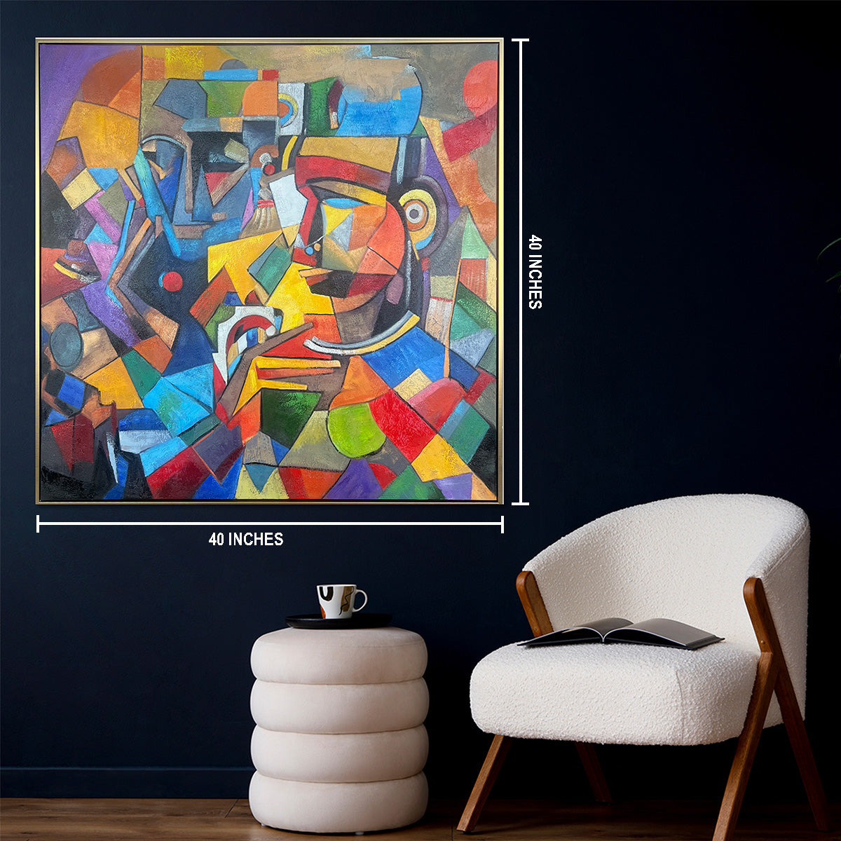 Geometric Faces Unraveled Decorative Hand painting for Home Decor (With outer Floater Frame) (40 x 40 Inches)