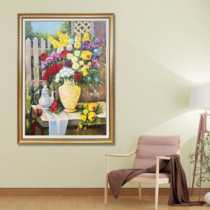 Garden Blossom Delight Hand Wall Decor Paintings for Home (With outer Floater Frame) (34x45.5 Inches) (Victorian Frame)