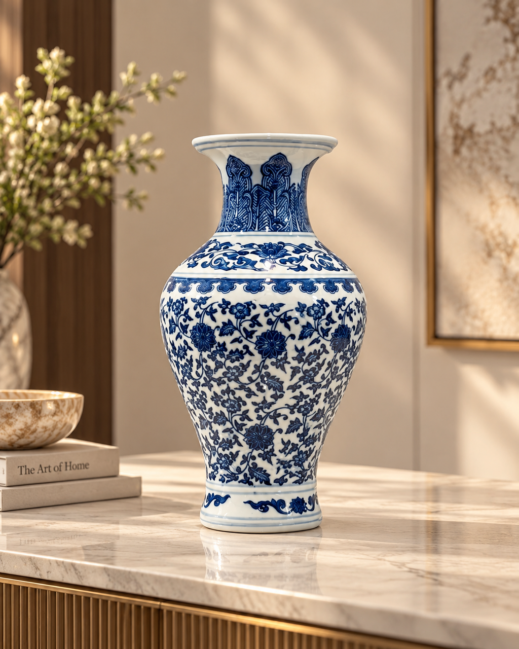 Majestic Flora Decorative Vase & Items for Room Decoration (Blue Pottery)