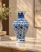 Majestic Flora Decorative Vase & Items for Room Decoration (Blue Pottery)
