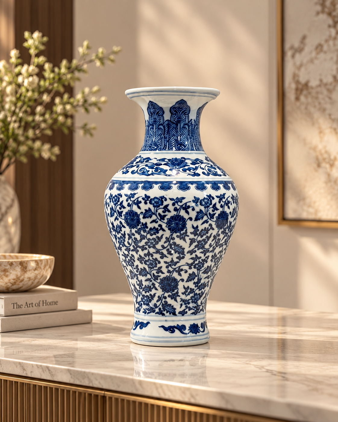 Majestic Flora Decorative Vase & Items for Room Decoration (Blue Pottery)