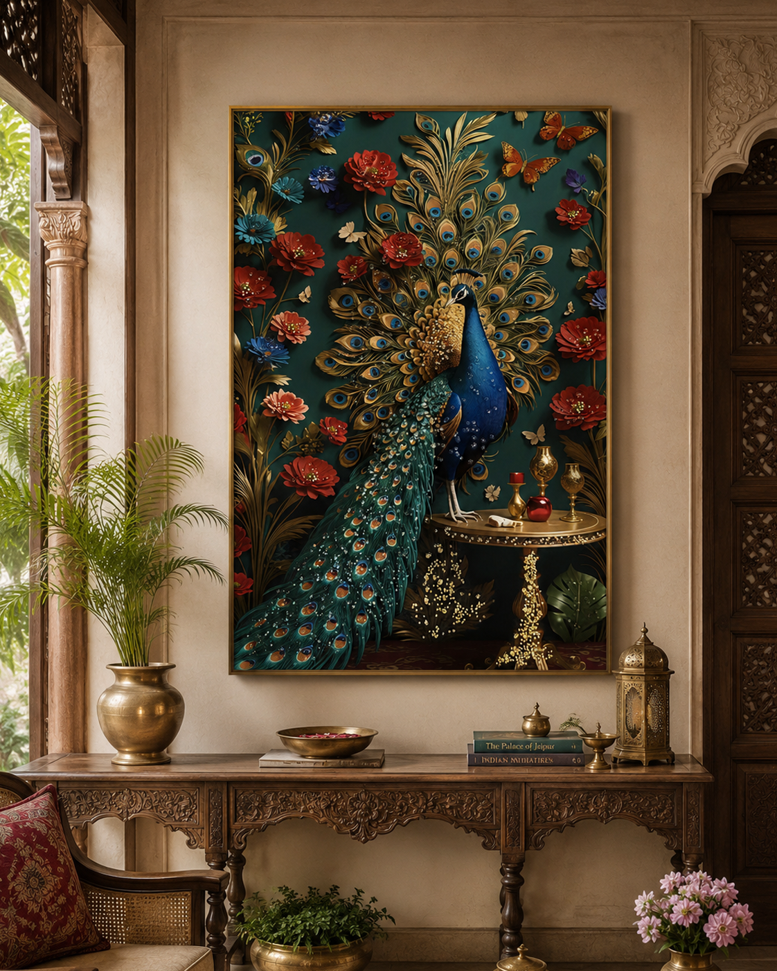 Peacock of Floral Splendor Crystal Glass Painting & Wall Decoration Items