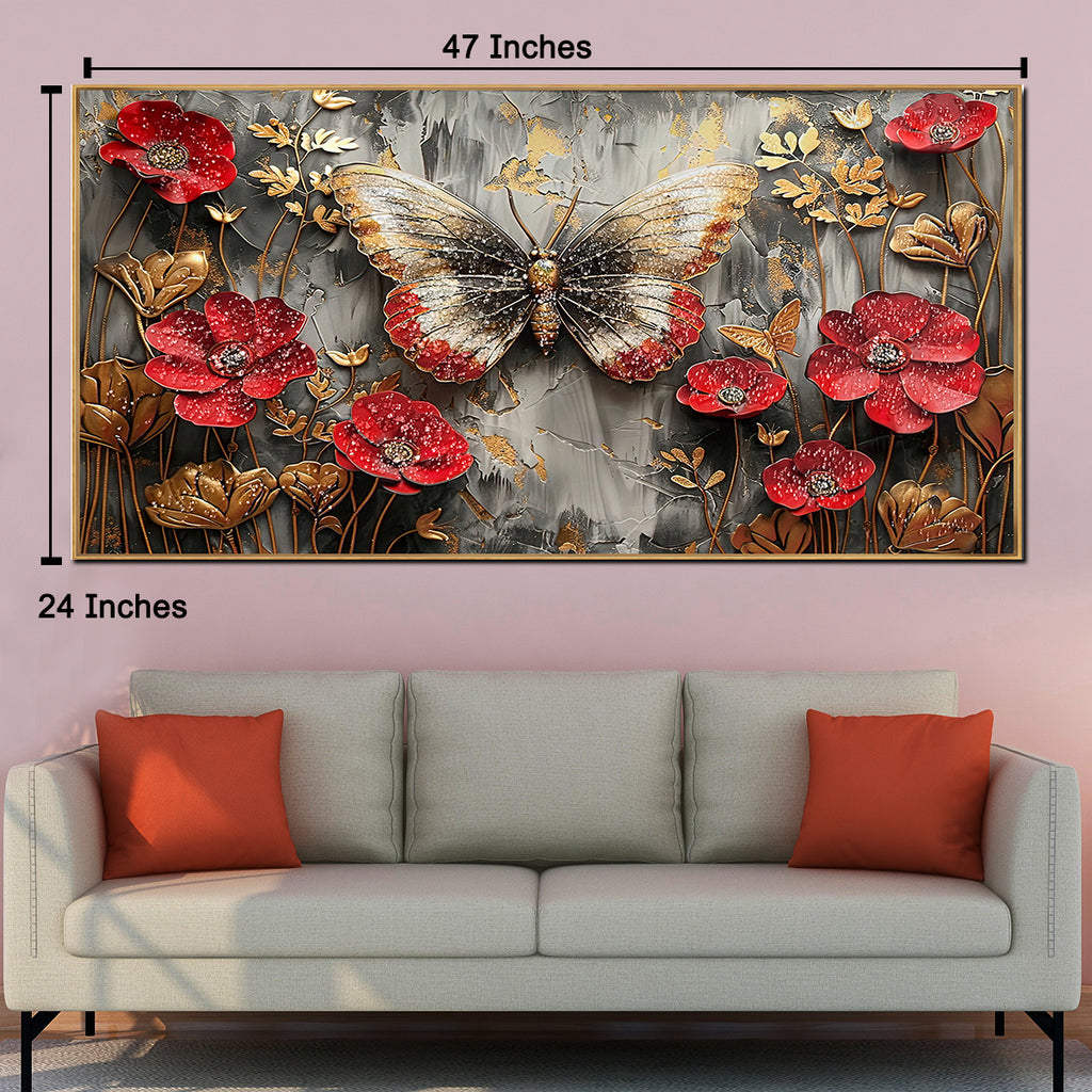 Red Bloom Butterfly Crystal Glass Framed Wall Paintings For Home & Wall Decoration items