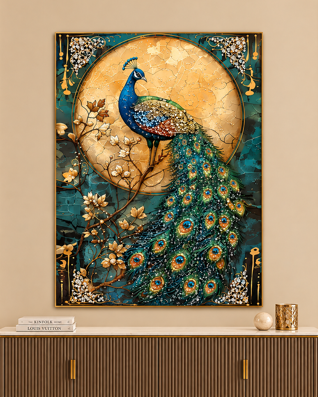 Lunar Peacock Elegance Crystal Glass Decorative Wall painting Art