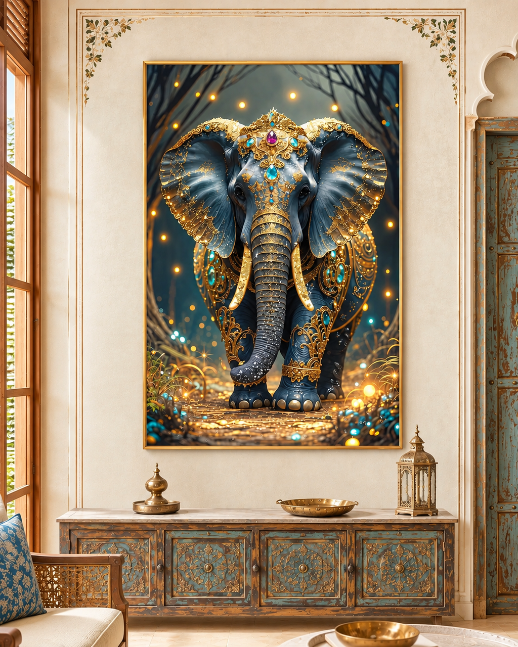 Elephant of Golden Prosperity Crystal Glass Art Wall Painting For Home Décor