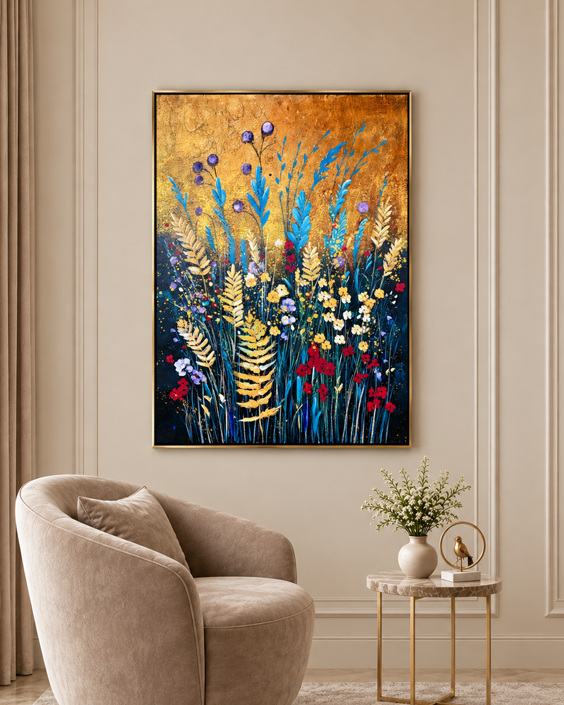 Wildflower Symphony 100% Handmade Wall Painting For Home (With Golden Outer Floater Frame frame) (35.5x47 Inches)