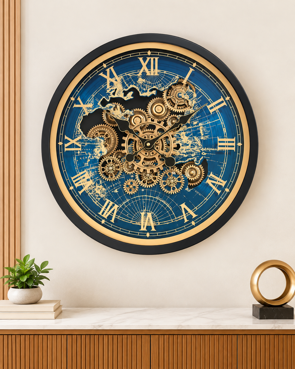 Worldline Timepiece Luxury Designer Silent Movement Wall Clock For Living Room With Moving Gear Mechanism Buy Wall Clock Online - Big (Blue) (Radial Brushing Metallic Sheen)