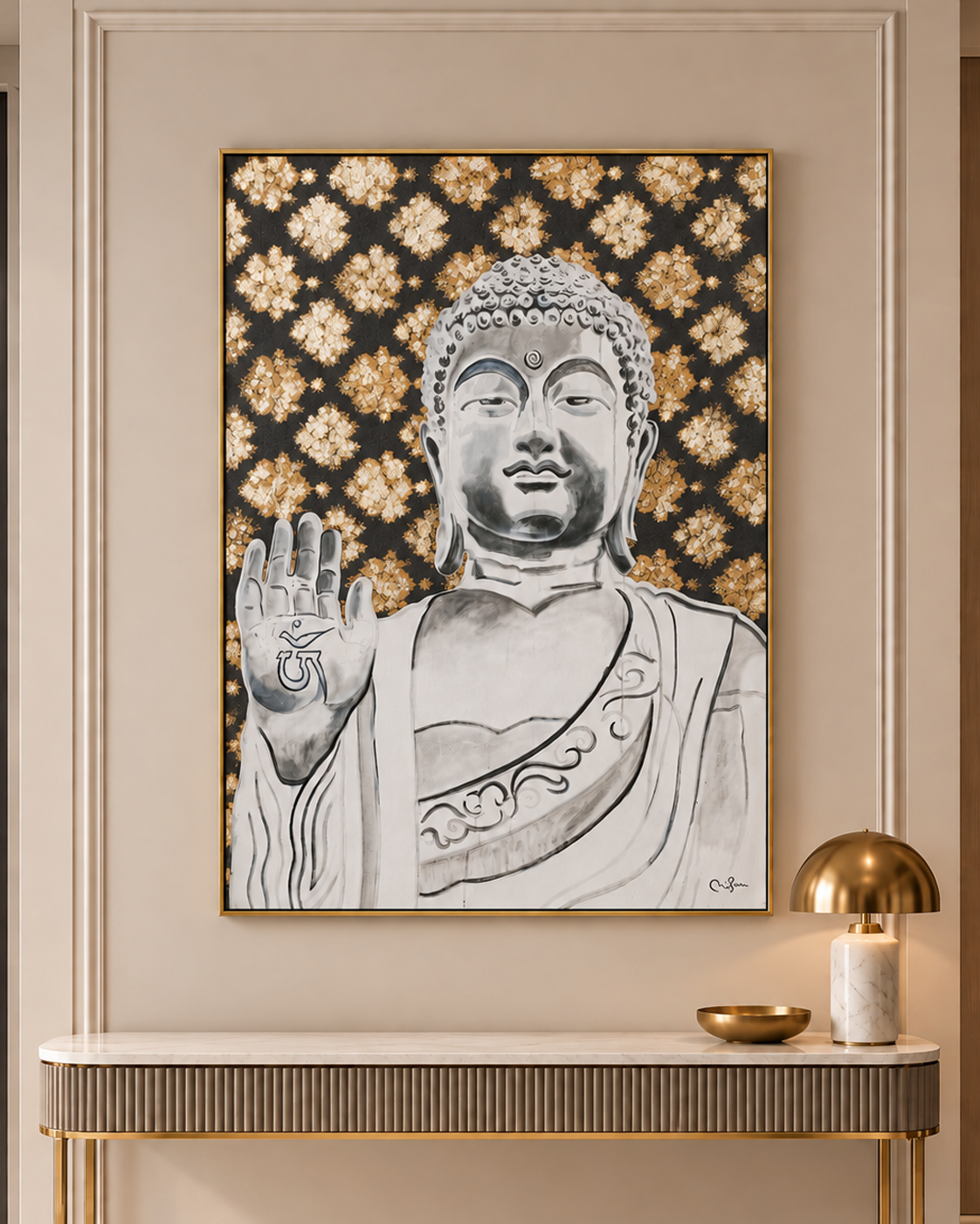 Buddha’s Blessing by PERRY MILOU 100% Hand Wall Painting For Home (With Outer Floater Frame frame) ( 31.5 x 45.5 Inches )