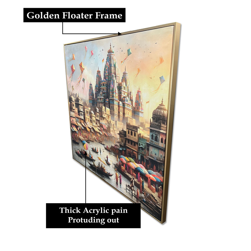 Ganga’s Embrace The Banaras Ghats Decorative Hand painting for Home Decor (With outer Floater Frame)  (40 x 40 Inches)