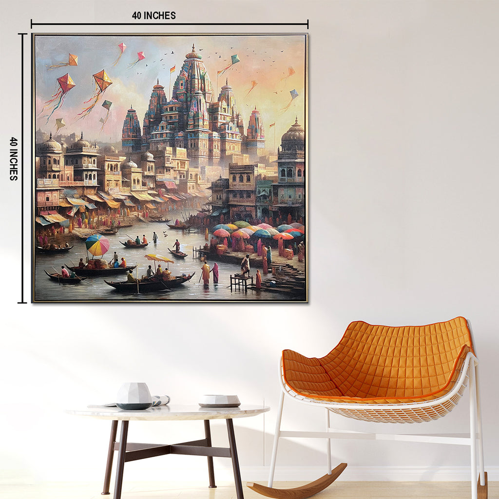 Ganga’s Embrace The Banaras Ghats Decorative Hand painting for Home Decor (With outer Floater Frame)  (40 x 40 Inches)