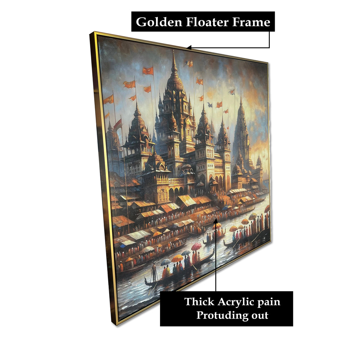 The Divine Banaras Ghats Decorative Hand painting for Home Decor (With outer Floater Frame) (40 x 40 Inches)