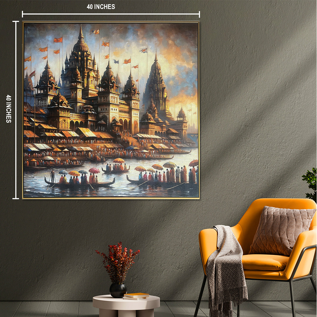The Divine Banaras Ghats Decorative Hand painting for Home Decor (With outer Floater Frame) (40 x 40 Inches)