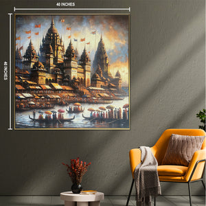 The Divine Banaras Ghats Decorative Hand painting for Home Decor (With outer Floater Frame)