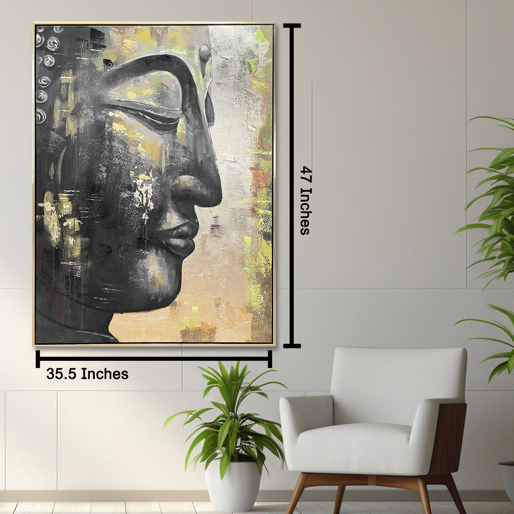 Tranquil Buddha 100% Hand Painted Wall Painting (With Golden Outer Floater Frame frame) (47x35.5 Inches)