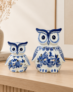 Enchanted Owl Decorative Tealight Candle Holder & Decorative Showpiece (Blue Pottery) - Set of 2