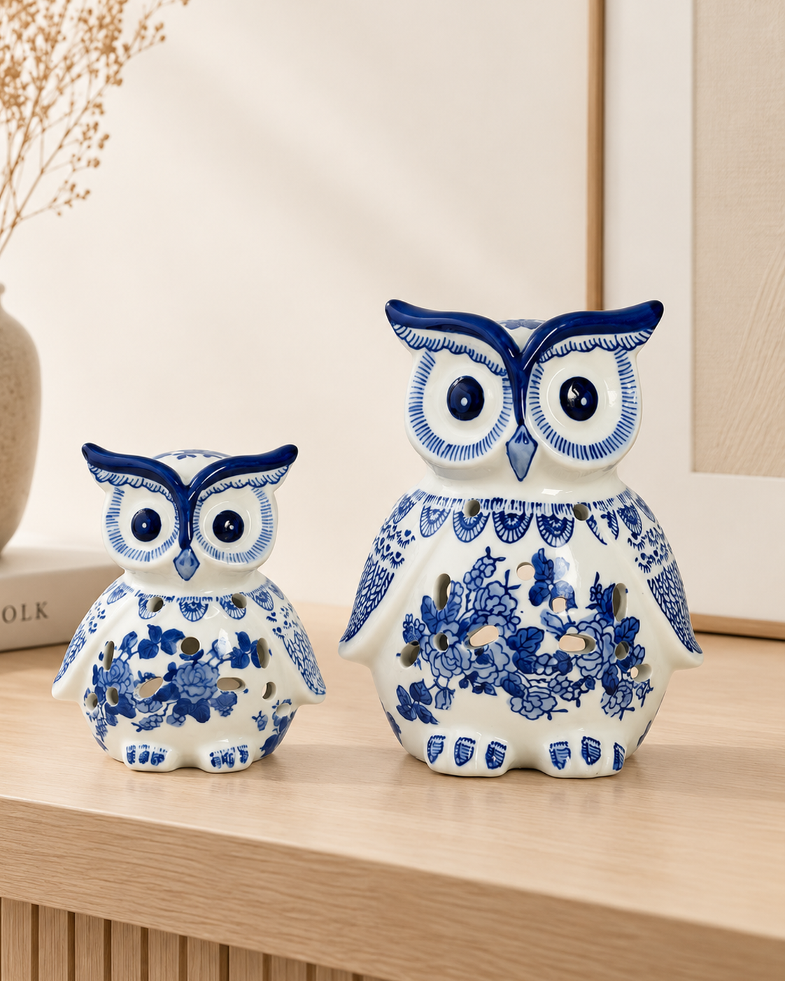 Enchanted Owl Decorative Tealight Candle Holder & Decorative Showpiece (Blue Pottery) - Set of 2