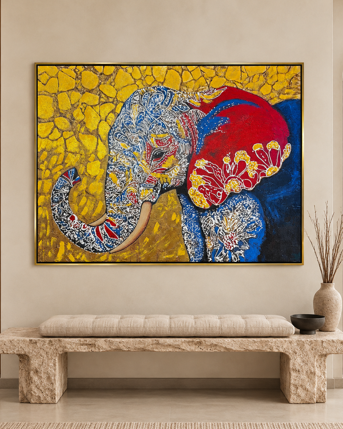 Sacred Elephant 100% Handmade Wall Painting For Home (With Golden Outer Floater Frame frame) (35.5x47 Inches)