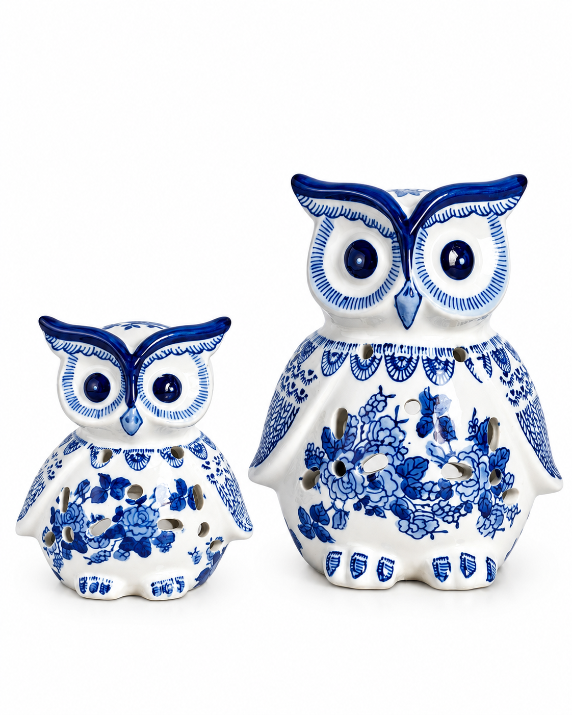 Enchanted Owl Decorative Tealight Candle Holder & Decorative Showpiece (Blue Pottery) - Set of 2