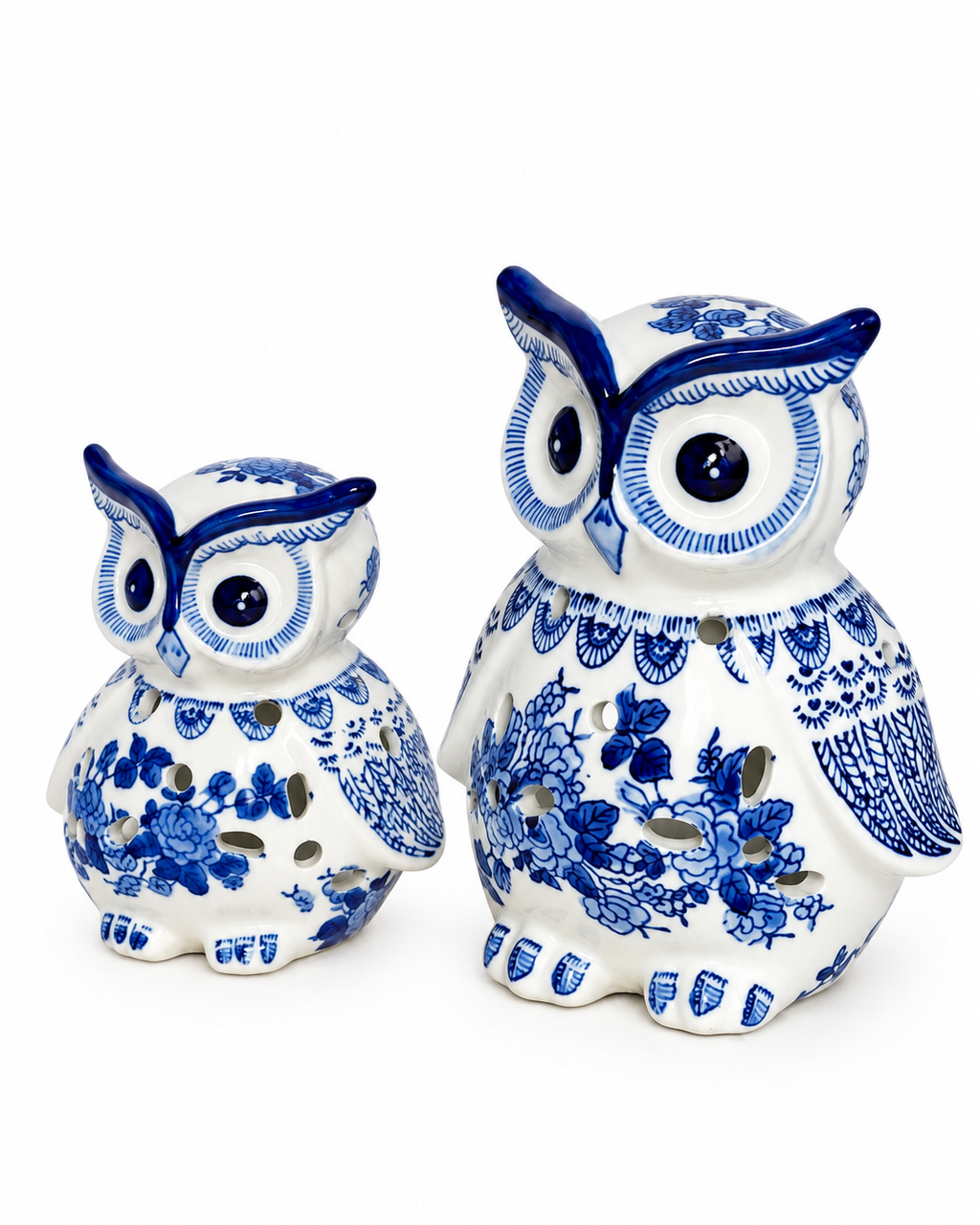 Enchanted Owl Decorative Tealight Candle Holder & Decorative Showpiece (Blue Pottery) - Set of 2