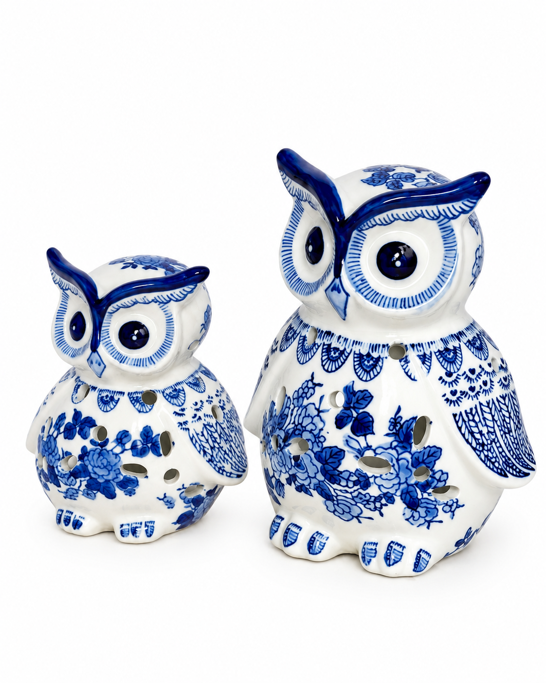 Enchanted Owl Decorative Tealight Candle Holder & Decorative Showpiece (Blue Pottery) - Set of 2