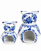 Enchanted Owl Decorative Tealight Candle Holder & Decorative Showpiece (Blue Pottery) - Set of 2