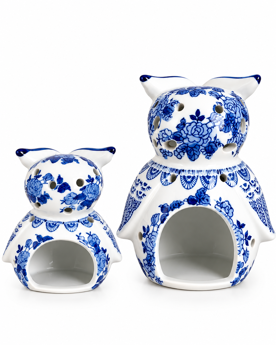 Enchanted Owl Decorative Tealight Candle Holder & Decorative Showpiece (Blue Pottery) - Set of 2