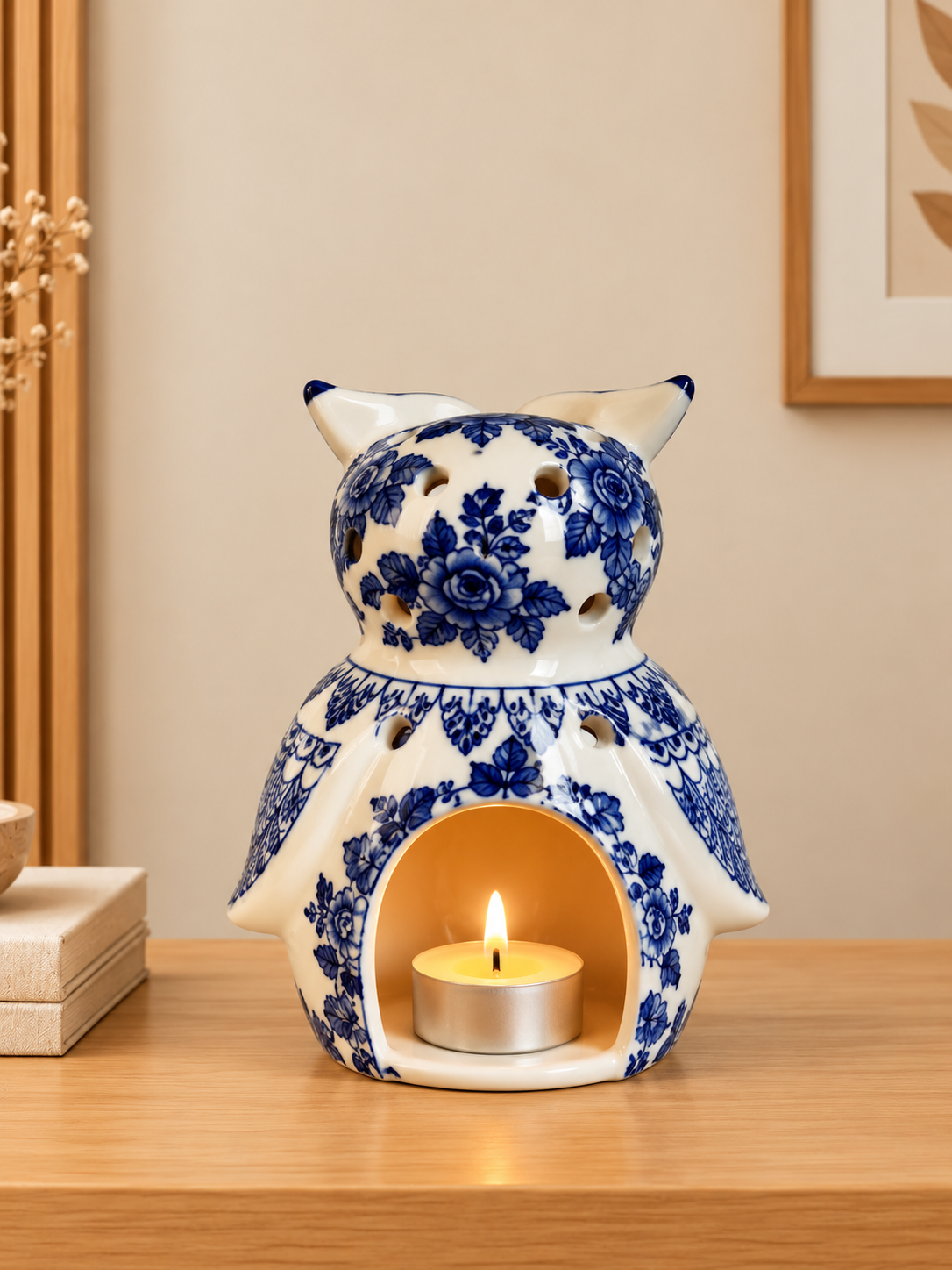 Enchanted Owl Decorative Tealight Candle Holder & Decorative Showpiece (Blue Pottery ) - Medium