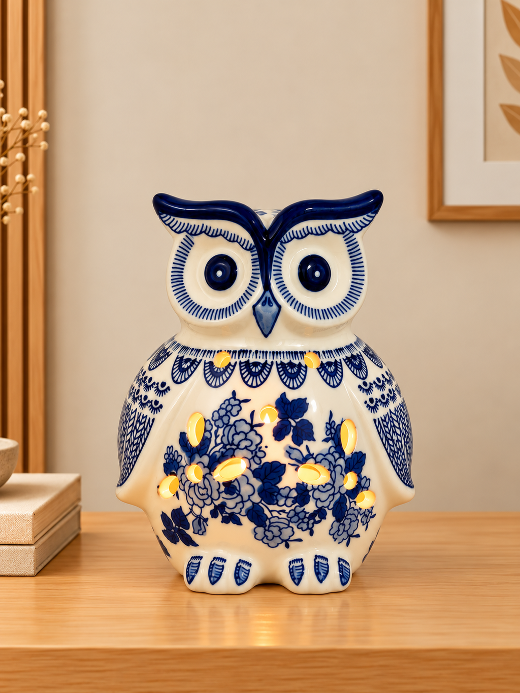 Enchanted Owl Decorative Tealight Candle Holder & Decorative Showpiece (Blue Pottery ) - Medium