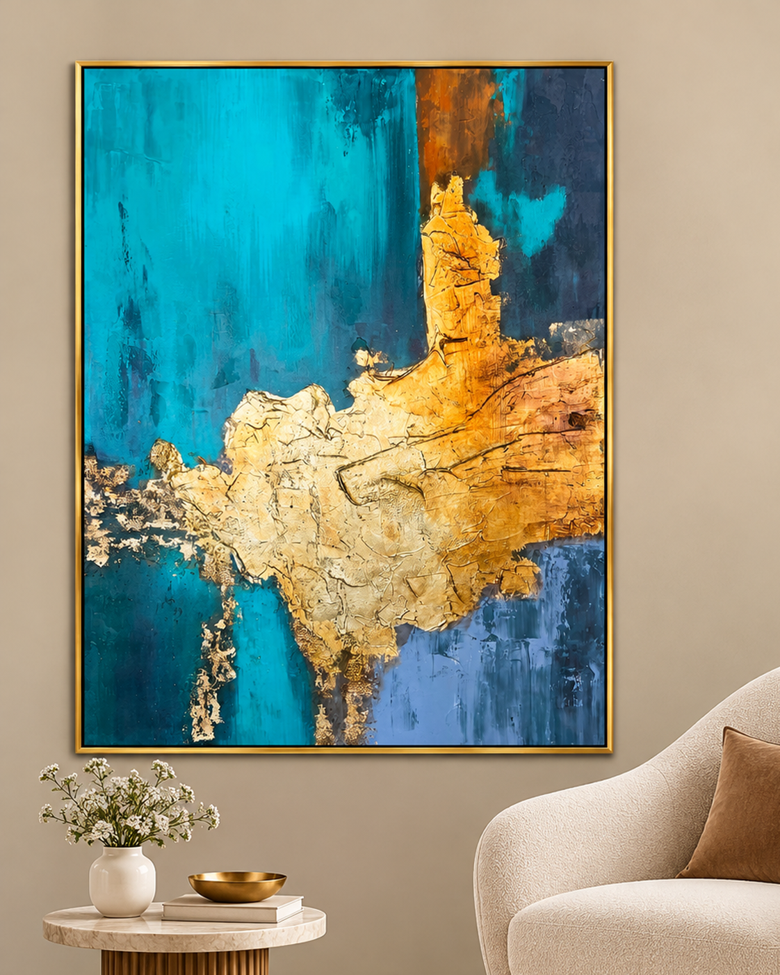 Earth Meets Ocean 100% Hand Painted Wall Paintings abstract (With outer Floater Frame) (48 x 36 Inches)